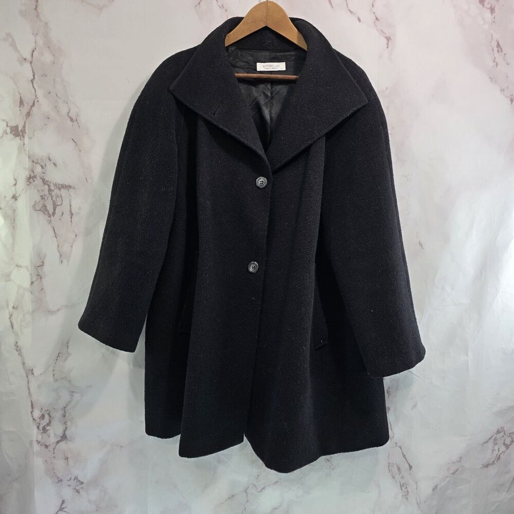 Emanuel Ungaro Coat Women Large 14 Black Wool Blend Pea Funnel Mock Neck Button